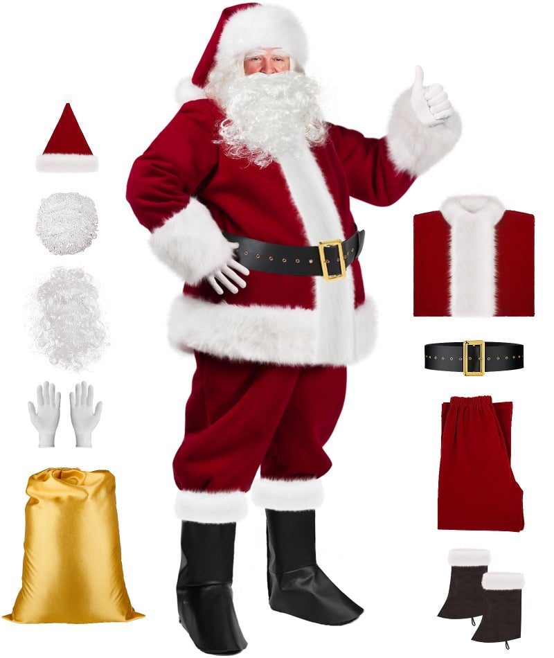 VeMee Santa Claus Costume for Men, 9PCS Christmas Santa Suit Adult Men Deluxe Velvet Professional Santa Suit Outfit - Image 1